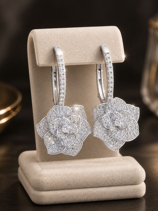 Anthropologie Jewelry - Silver Floral Pavé Drop Hoop Earrings